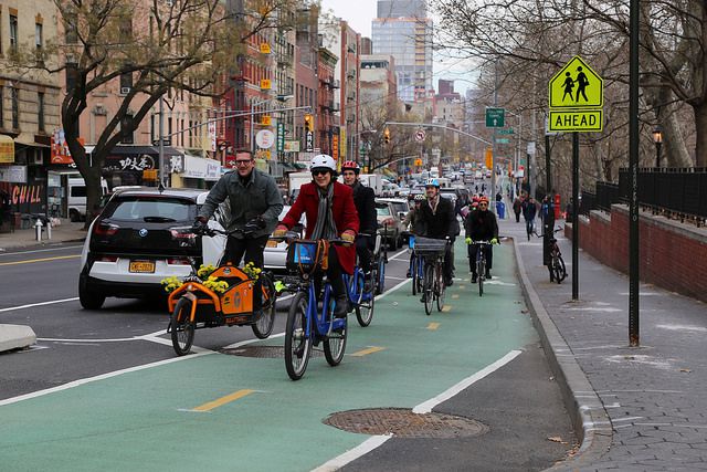 An example of a protected bike lane, installed last year on Chrystie Street, which runs north/south in Manhattan. Advocates would like to see similar treatments along crosstown routes.
